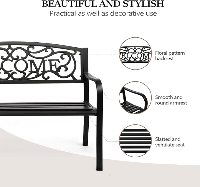 VINGLI Outdoor Bench for Patio Metal Garden Bench w/PVC Back Pattern, Black Park Benches Front Porch Benches for Yard Lawn Decor Deck Entryway (Black-Welcome)