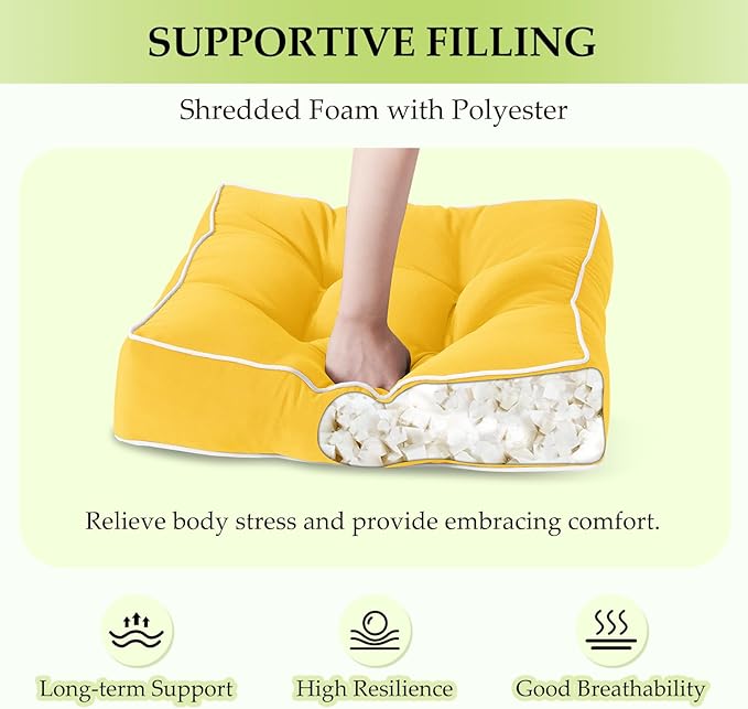 HARBOREST Outdoor Chair Cushions Set of 2, Tufted Patio Chair Cushions with Ties, Square Corner Outdoor Cushions for Patio Furniture, Lawn Chairs, Wicker Chairs, 17" x 17" x 5", Yellow