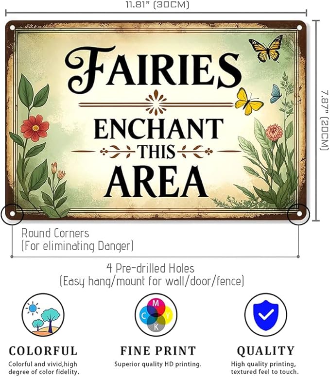 Funnysign Garden Gifts Vintage Fairy Garden Tin Sign – “Fairies Enchant This Area” – Rustic Floral Metal Wall Art for Backyard, Patio, Porch, Greenhouse, or Kids’ Fairy Garden Décor, 8×12 Inch (9817)