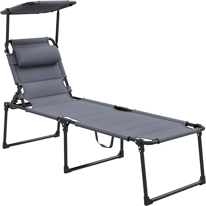 Outsunny Outdoor Lounge Chair, Adjustable Backrest Folding Chaise Lounge, Cushioned Tanning Chair with Sunshade Roof & Pillow Headrest for Beach, Camping, Hiking, Gray