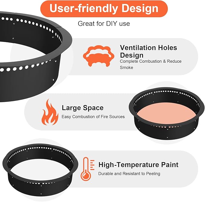 Smokeless Fire Pit Ring, 40 inch Outer/36 inch Inner Heavy Duty Large Solid Steel Firepit Liner for Outside Wood Burning, DIY Campfire Ring Above or In-Ground for Outdoor
