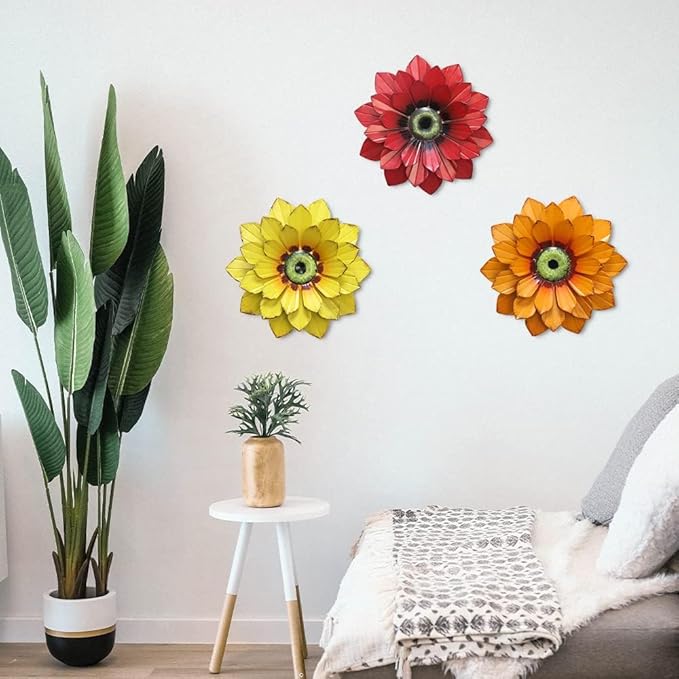 hogardeck Metal Flower Wall Decor - 3 Pcs Outdoor Wall Art Backyard Decorations Spring Decor Hanging for Kitchen, Living Room, Bathroom
