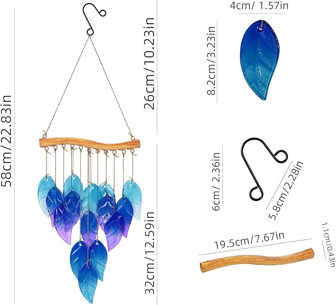 Wind Chimes Blue Glass Leaves, Garden Wind Chime for Home, Party, Festival Decor, Glass Garden Patio Yard Porch Decoration Indoor/Outside, Lifelike Leaf Style