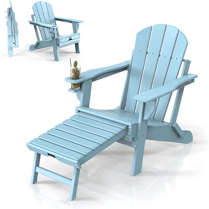 VINGLI Folding Adirondack Chair with Ottoman, Waterproof Plastic HDPE Firepit Chair for Outside with Hidden Footrests, Foldable Ergonomics Seating for Patio Porch Yard Garden(Blue)