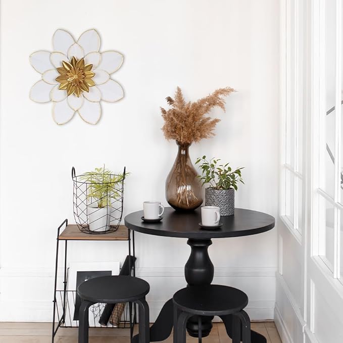 hogardeck Metal Flower Wall Decor, 16" White Gold Floral Metal Wall Art for Indoor Outdoor, Boho Farmhouse Modern Wall Decor for Bathroom, Living Room, Kitchen, Bedroom, Porch, Garden, Yard