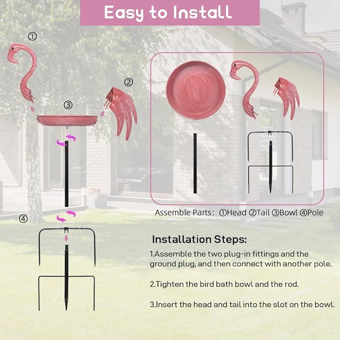 Pink Flamingo Bird Bath - 12-inch Metal Outdoor Bird Bath with 5-Prong Ground Stake, Rust-Resistant Garden Feeder for Patio Decor, Bird Lover Gift