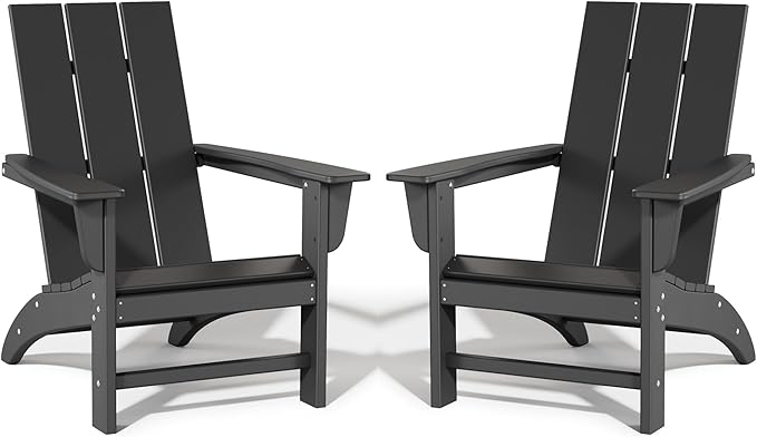 Poly Lumber Adirondack Chairs Set of 2, All-Weather Resistant Outdoor Patio Chairs, Look Like Wood, Pre-Assembled Outdoor Fire Pit Chair for Pool, Deck, Backyard, Garden, Black