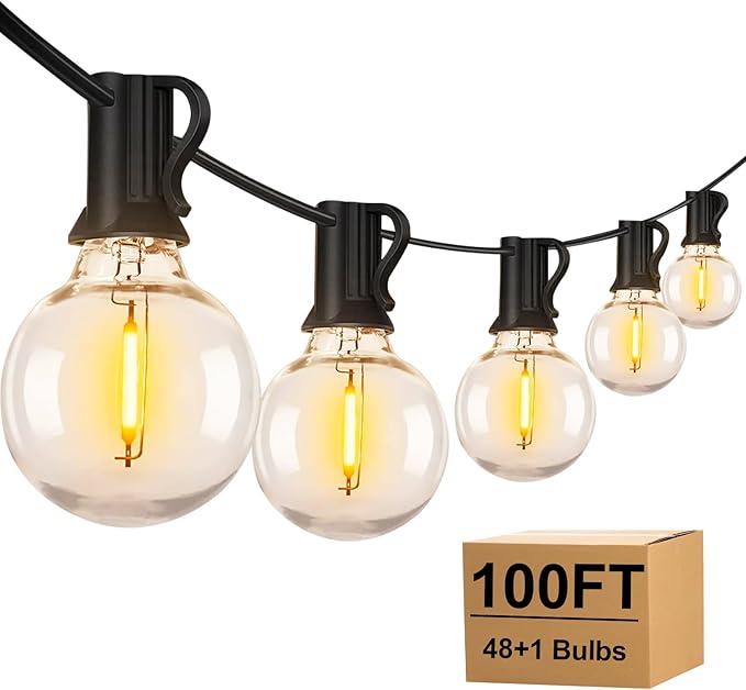 Outdoor String Lights with G40 Clear Globe Bulbs, Black Cord, Waterproof LED Edison Filament Decorative Lighting for Patio, Garden, Backyard (G40 Bulbs, 100FT)