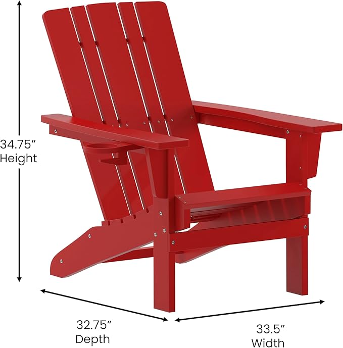 Flash Furniture Halifax Adirondack Chairs with Cup Holders, Weather Resistant Poly Resin Adirondack Chairs, Set of 2, Red