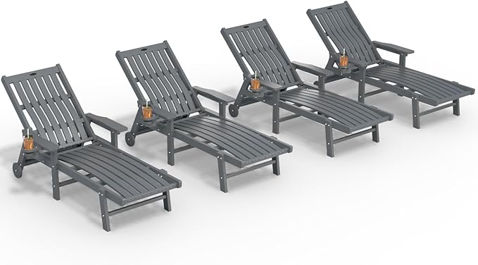 Patio Chaise Lounge Chair Set of 4, Oversized Lounge Chair Outdoor with 5 Positions, HDPE, Patio Lounge Chair with Wheels & Cup Holder for Pool, Deck, Poolside,Grey