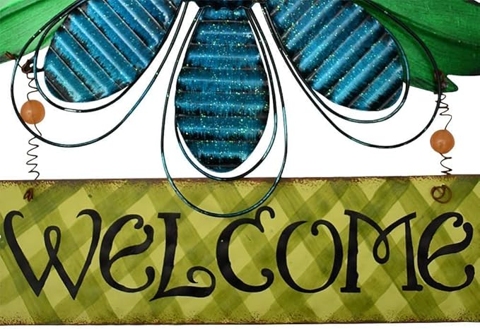 Large Rustic Metal Blue Flower Welcome Wall Art Decor Hanging Metal Flower Welcome Door Wreath Kitchen Living Room Bathroom Patio Garden Yard Wall Decoration