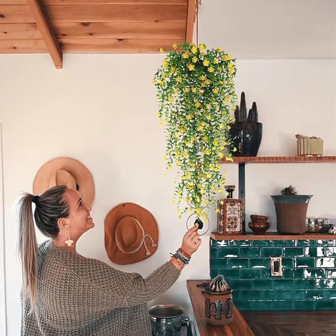 WEISPARK Artificial Hanging Flowers, 9pcs Fake Eucalyptus Vine Faux Flower Greenery Garland Plastic Plants for Indoor Outdoor Wall Garden Wedding Home Party Decor (9pcs Yellow)