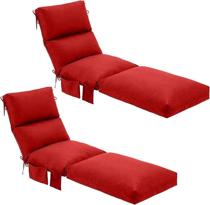 Kigley 2 Pcs Chaise Lounge Cushions, 77.9 x 20.5 x 4.7 Inch Outdoor Lounge Chair Cushions with Pocket, Thick Tufted Patio Recliner Replacement with Ties, Fade Resistant for Pool Furniture (Red)
