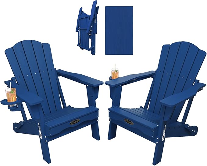 Folding Adirondack Chair Set of 2,HDPE All-Weather Outdoor Chair with Cup Holder,Wooden Textured,Fire Pit Chair,Plastic Patio Chair for Deck,Backyard,Garden,Lawn(Navy Blue)