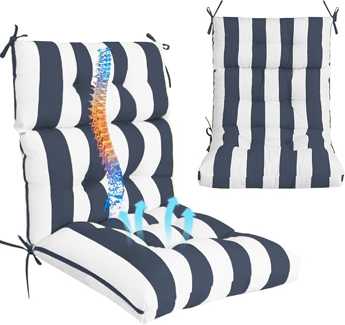 Outdoor High Back Chair Cushions 2-Pack, 44"x22"x 4" Fade-Resistant Waterproof Tufted Pads with Ties for Patio Rocking & Adirondack Chairs (Navy Blue White)