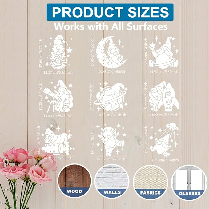MAYJOYDIY 9pcs Astronaut Gnome Stencils 7.8×7.8inch Large Space Theme Gnome Stencil with Paint Brush Planet Moon Telescope Rocket UFO Template for Wood Canvas Wall Furniture