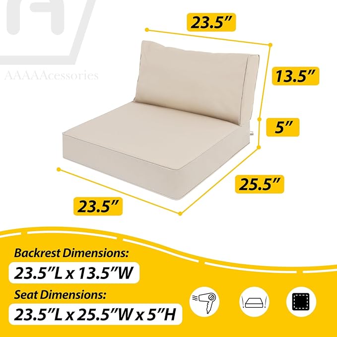 AAAAAcessories Outdoor Deep Seat Cushions, Waterproof, Fade-Resistant Patio Furniture Replacement Cushions, 23.5" x 25.5" x 5" + 23.5" x 13.5", Khaki Beige