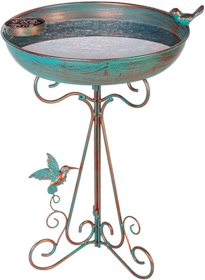dreamysoul Bird Bath 12" Dia Bowl, Metal Birdbath with Feeder, Pedestal Bird Baths for Outside Outdoors Garden Patio Yard (Bronze)