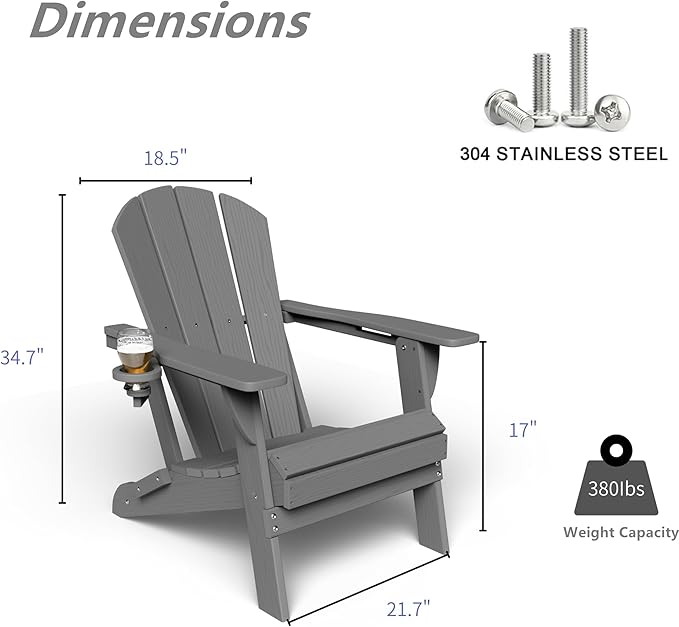 GLANC Folding Adirondack Chair Set of 2, HDPE All-Weather Outdoor Patio Fire Pit Chairs Lawn Chair for Poolside Backyard Deck Balcony, Wooden Textured with Cup Holder, 380LBS Capacity (Grey)