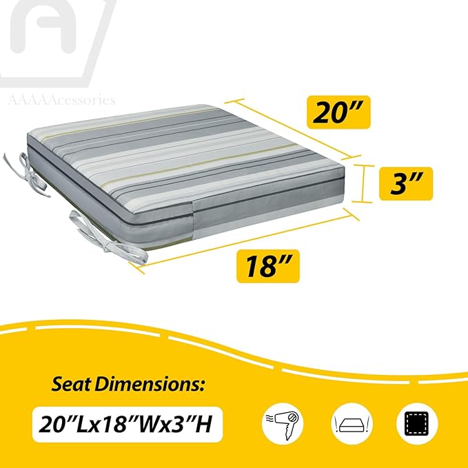 AAAAAcessories Outdoor Seat Cushions for Chairs, Waterproof, Fade-Resistant, 20" x 18" x 3", Patio Furniture Replacement Cushions, Set of 2, Ash Blue Harbor Stripe