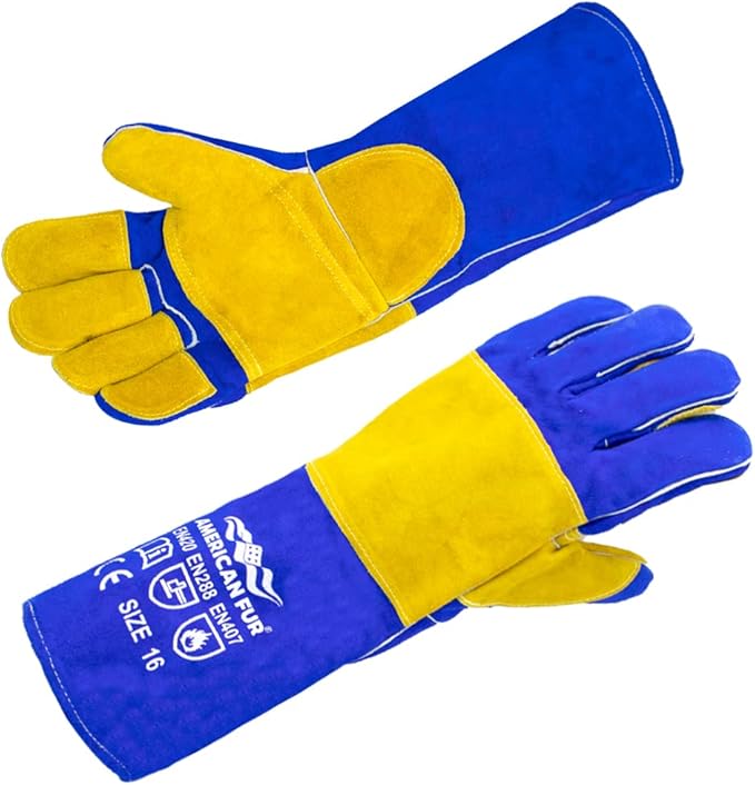 Welding/BBQ Leather Gloves 16 Inches,932℉, Stick Welding Gloves Heat/Fire Resistant, Mitts for Oven/Grill/Fireplace/Furnace/Stove/BBQ/16 inches Extra Long Sleeve (16 Inches, Blue-Yellow)