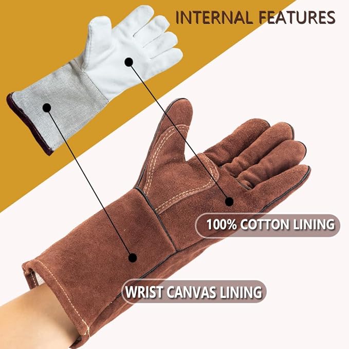 Fireproof Gloves for Fireplace & Fire Pit, Welding Gloves for Men & Women - 14 Inch Heat Resistant Leather Work Gloves (662℉) for MIG/TIG, BBQ, Camping - Premium Cowhide, Durable