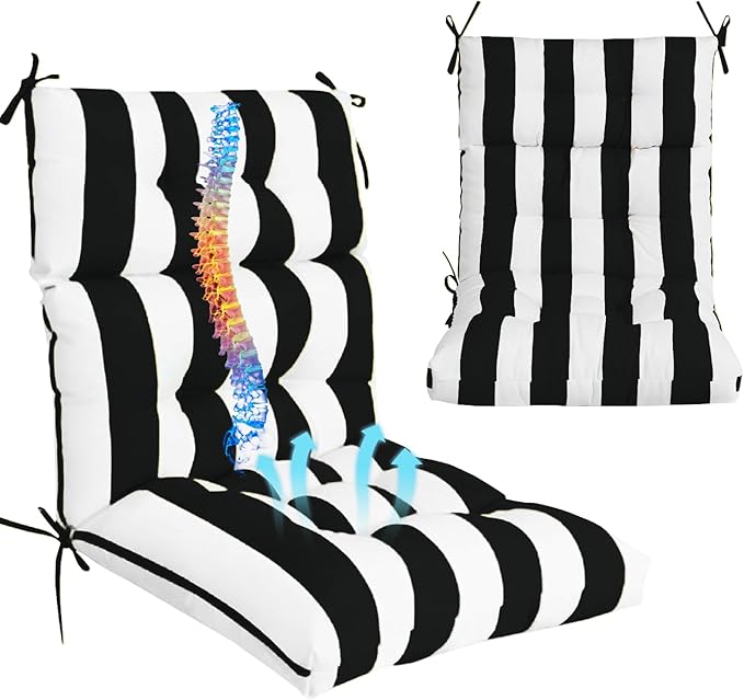Outdoor High Back Chair Cushions 2-Pack, 44"x22"x 4" Fade-Resistant Waterproof Tufted Pads with Ties for Patio Rocking & Adirondack Chairs (Black White)