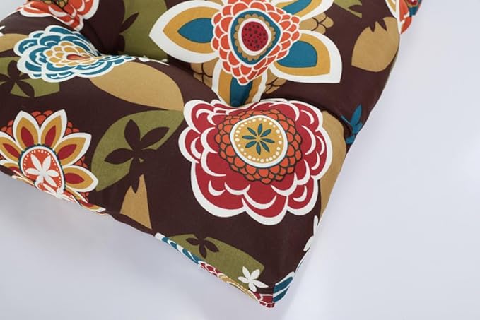 Pillow Perfect Floral Indoor/Outdoor Chair Seat Cushion, Tufted, Weather, and Fade Resistant, 19" x 19", Brown/Orange Annie, 2 Count