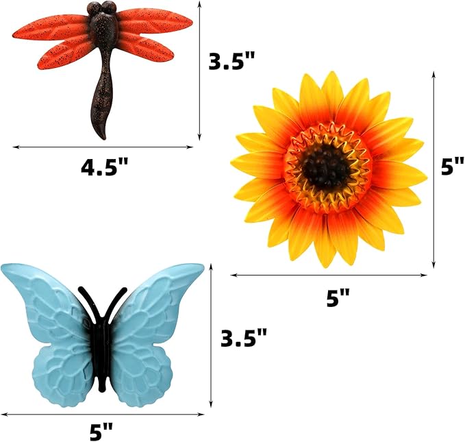 9 Pack Metal Sunflowers Wall Decor, Garden Flower Wall Art Decorations, Outdoor Butterfly Dragonfly Hanging Patio Decor, Yard Floral Fence Sculptures for Indoor Outside Living Room Bedroom