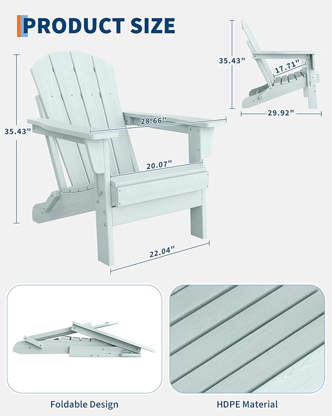 GarveeLife Folding Adirondack Chairs Set of 4, HDPE Plastic Outdoor Chairs with Wood Texture - 380 LBS & Weather Resistant for Fire Pit, Deck, Patio, Pool, Backyard - Light Blue