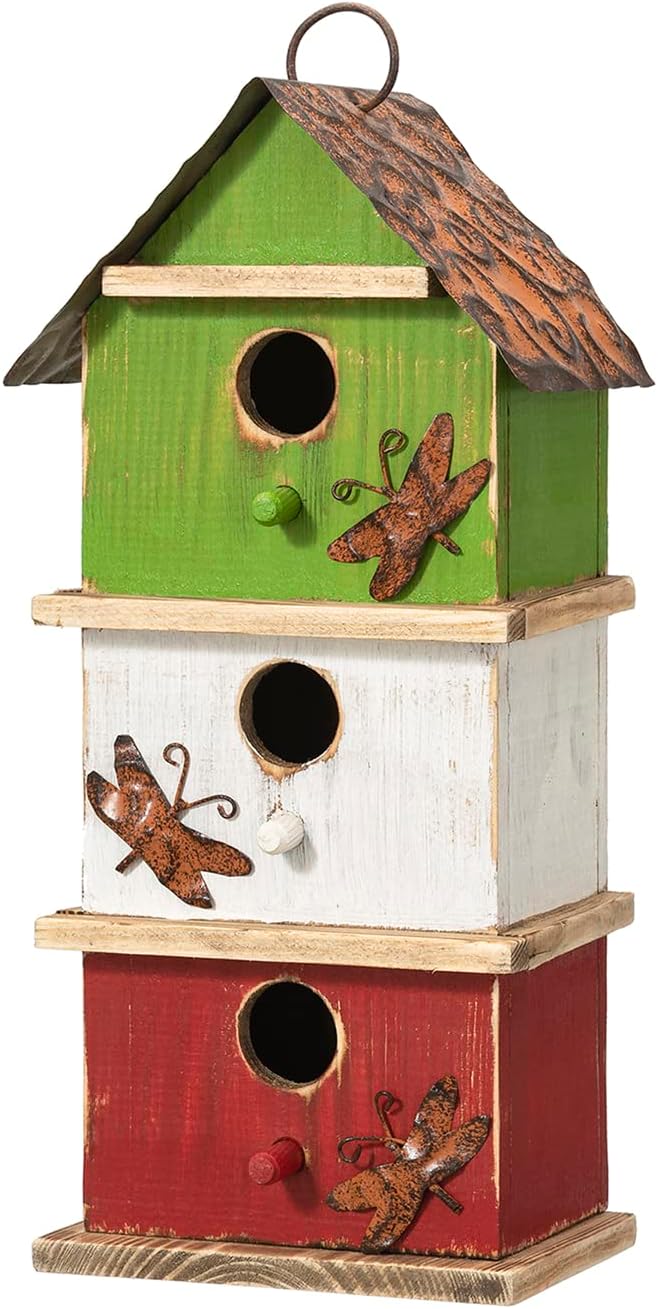 Glitzhome Bird Houses for Outside, 13.75" H Multicolored Three-Tiered Distressed Solid Wood Birdhouse Garden Hanging Bird House for Outdoors