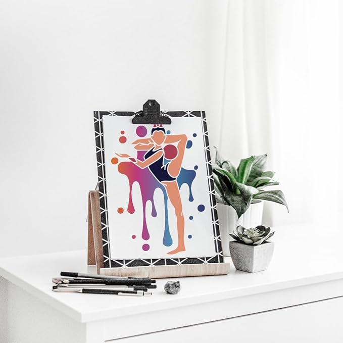 MAYJOYDIY 6pcs A4 Splash Gymnastics Stencil 11.7×8.3inch Large Artistic Gymnastics Posture Stencils with Paint Brush Reusable Lady Gymnastics Sport Template for Furniture Windows Wood Wall Tile Canvas