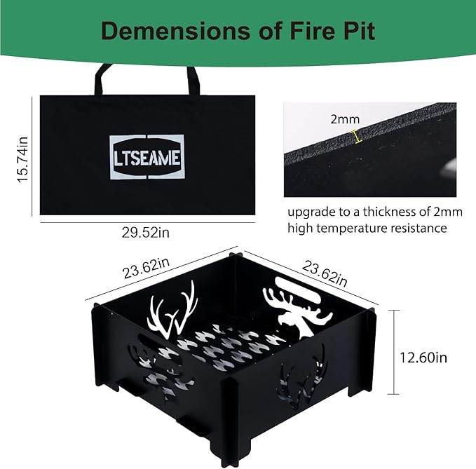 24 inch Portable Square Fire Pit Outdoor Foldable Plug Fire Pit Suitable for Camping, Picnic, Backyard, Garden Bonfires and Outdoor Wood Burning with Storage Bag