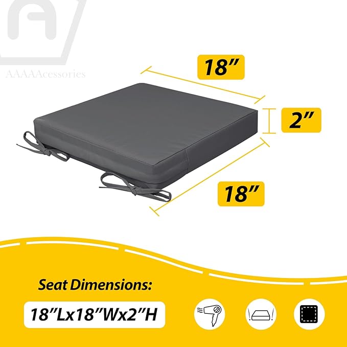 AAAAAcessories Outdoor Seat Cushions for Chairs, Waterproof, Fade-Resistant, 18" x 18" x 2", Patio Furniture Replacement Cushions, Set of 2, Dark Gray