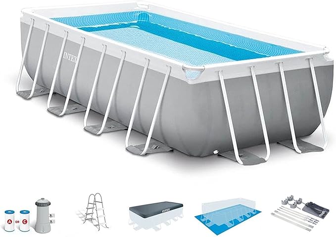 Intex 16 Foot by 42 inches Frame Rectangular Above Ground Swimming Pool Set with Filter Pump, Ladder, Ground Cloth, Protective Canopy, and Pool Cover