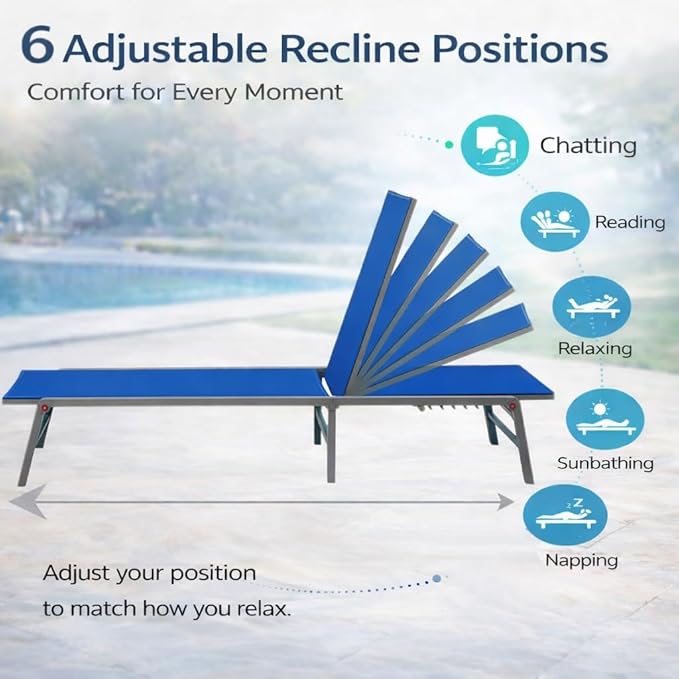 Kozyard 2-Pack Outdoor Lounge Chairs, Foldable Aluminum Frame Patio Chaise Lounge with 5-Position Adjustable Backrest, No Assembly, Breathable Textilene Fabric for Poolside Beach (Blue, Notable)
