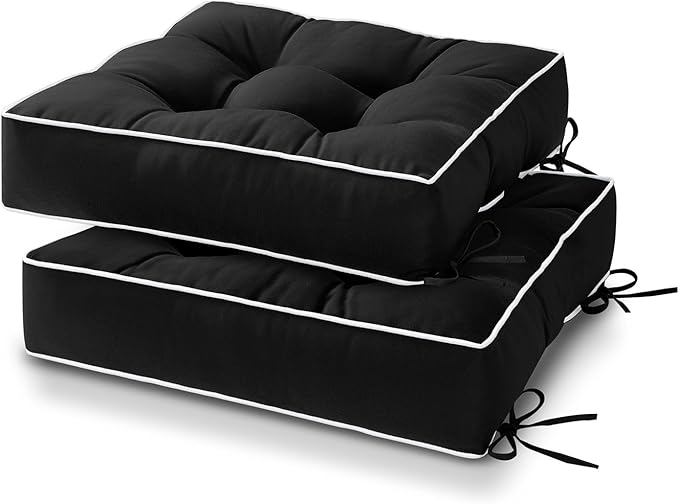 HARBOREST Outdoor Chair Cushions Set of 2, Tufted Patio Chair Cushions with Ties, Square Corner Outdoor Cushions for Patio Furniture, Lawn Chairs, Wicker Chairs, 19" x 19" x 5", Black