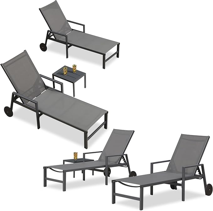 PURPLE LEAF Patio Chaise Lounge 4 Pieces Aluminum Recliner Chair with Wheels and Armrests Lounger for Pool Backyard Grey Outdoor Lounge Chair