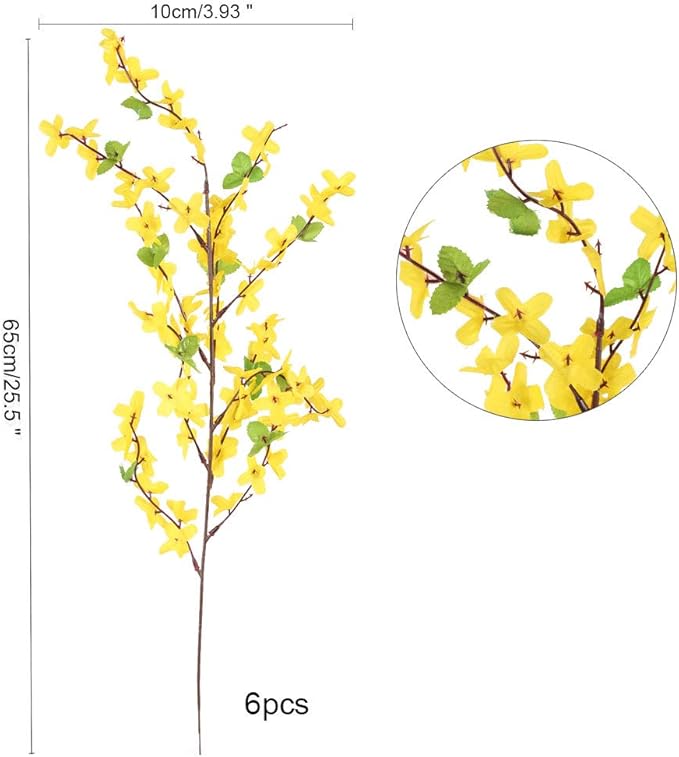 6 PCS 25.5" Fake Flowers Yellow Flower Silk Artificial Forsythia Branches Long Stem Spring Flowers Artificial for Decoration Indoor Outdoor Wedding Home Bedroom Yard Cemetery