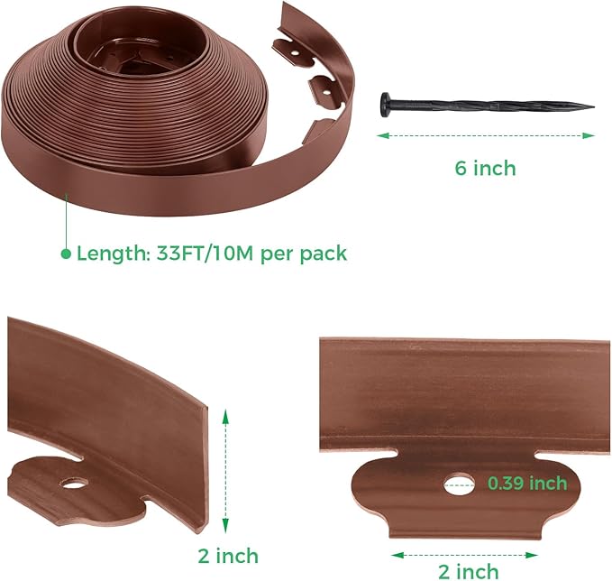 2-Inch x 33 FT Landscape Edging Border with 50 Spikes, No Dig Garden Edging Lawn Edging Border Kit, Plastic Edging Border Flexible for Garden Flower Beds Lawn Yard Pathway (Brown)