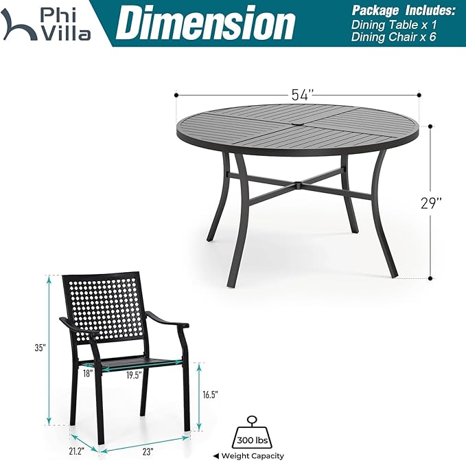 PHI VILLA 7 Pieces Outdoor Round Dining Set for 6, 54" Large Metal Steel Table with Umbrella Hole & Stackable Iron Chairs with Cushions, Modern Furniture Set for Patio, Deck, Yard, Porch
