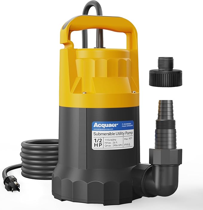 Acquaer Sump Pump Submersible Water Pump for Water Removal in Hot Tubs, Pools, Basements, and Garden Ponds, 1/2HP 2906GPH