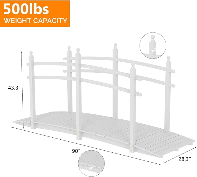 VINGLI Garden Bridge, Classic Wooden Bridge with Safety Rails, Decorative Arhced Footbridge for Patio Pond, Creek, Pathway (White, 7.5 ft)