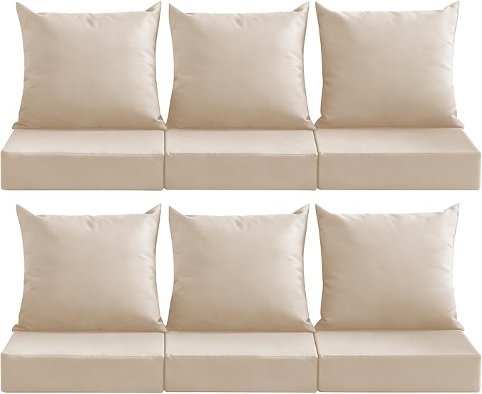 Outdoor Deep Seat Cushion Set, 24x24 Inch Water-Resistant & Fade-Resistant Outdoor Chair Cushions, Patio Furniture Cushions with Removable Cover for Patio Chair, Sofa, Beige (Set of 6)