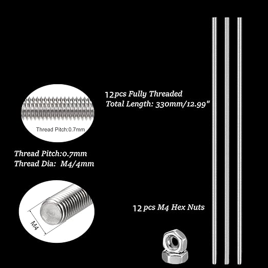 Total 24pcs 8/32 Inch M4 Threaded Rods and Studs, Include 12pcs 12.99" Fully Threaded Rods 12pcs Stainless Steel Hex Nuts, Right Hand Thread Bar for Clamps Hangers Beaded Garden Stakes