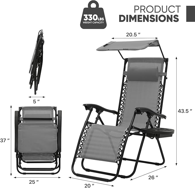 Magshion Zero Gravity Chair with Canopy Set of 2, Reclining Outdoor Patio Lounge Chair, Folding Anti Gravity Recliner, Portable Lounger with Removable Cup Holder Side Tray and Pillow Headrest (Grey)