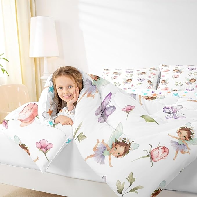 Erosebridal Girls Fairy Queen Comforter Set - Purple Butterfly & Floral Bedding Sets for Kids, Pink Flower Fairies Garden Bed Set | Girly Princess Room Decor with 2 Pillowcases