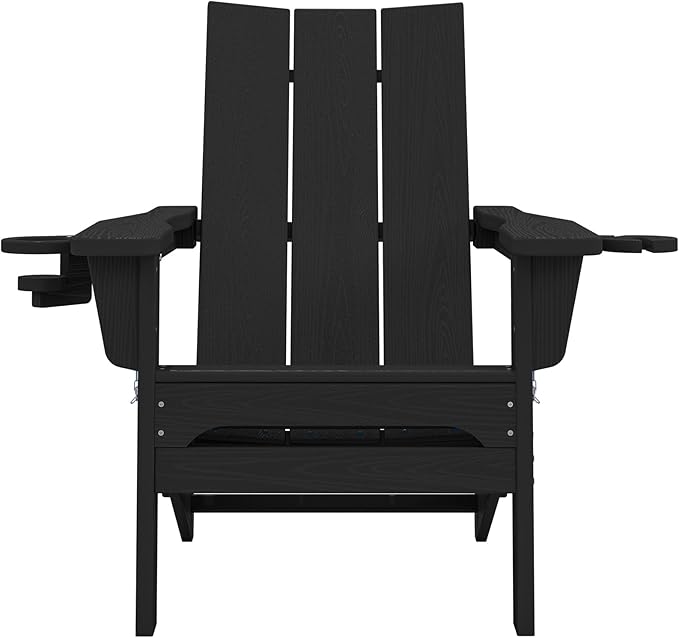 SERWALL Folding Adirondack Chairs with Cup Holders Set of 8, Folding Modern Adirondack Chair, HDPE Outdoor Adirondack Chair for All Weather Using, Black