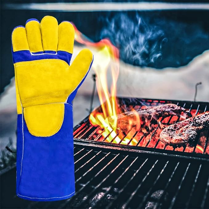 Welding/BBQ Leather Gloves 16 Inches,932℉, Stick Welding Gloves Heat/Fire Resistant, Mitts for Oven/Grill/Fireplace/Furnace/Stove/BBQ/16 inches Extra Long Sleeve (16 Inches, Blue-Yellow)