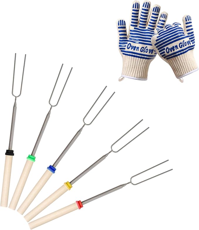 Marshmallow Roasting Sticks Set 5 Pcs with BBQ Gloves, Extendable 32in Long Metal Barbecue Skewers with Wooden Handle & A Pair of Grilling Gloves for Campfire Accessories